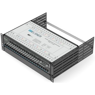 19-Zoll-SAT-Multischalter | 4 Satelliten | Quattro LNB - Koaxial | Kabellängen 10 bis 50 m | 24 Ausgänge | Ohne ÜSPSchutz | Kaskadierend | Redundantes Netzteil | RAL9005 schwarz |