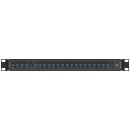 19-inch-SAT-Multiswitch | 1 Satellite | Quattro LNB - Coaxial | Cable lengths 50 to 100 m | 16 Outputs | With surge protection | Cascading | Standard power supply unit | RAL9005 black |